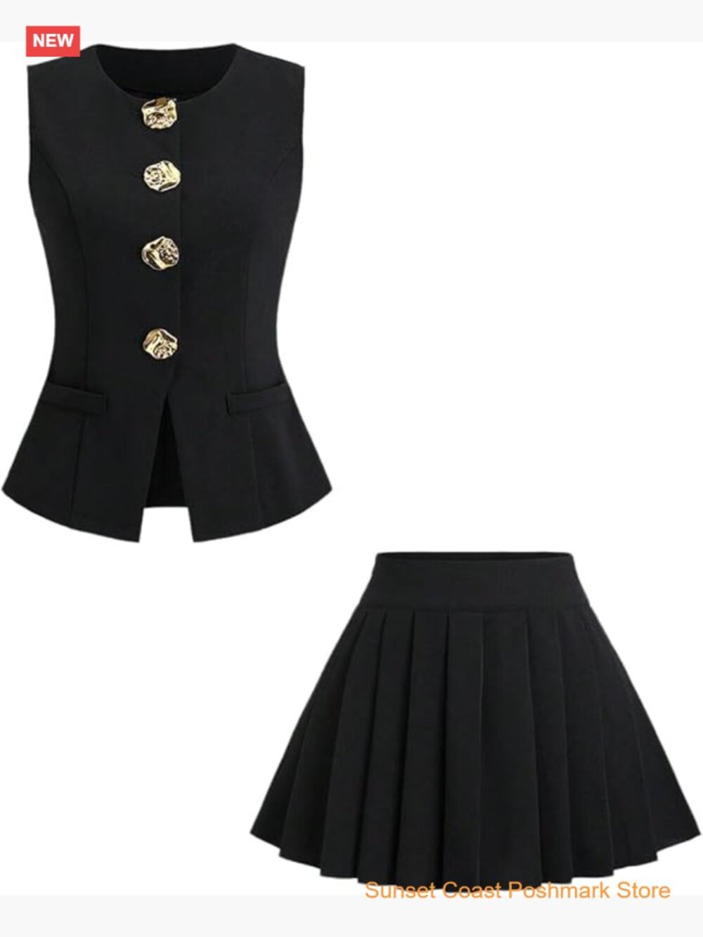 2 Piece Outfit Button Front Vest Blazer and Skirt Set